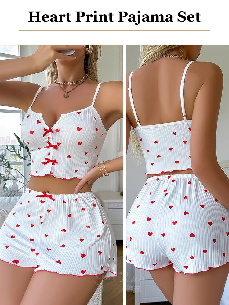 Sexy Heart Print Pajama Set for Women Sleepwear Silk Stain V-Neck Sleeveless Casual Cami Top and Shorts Sets Loungewear