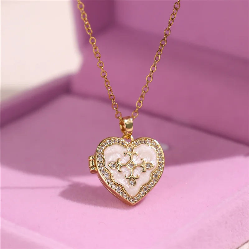 HangZhi Enamel Romantic Pink White Pearl Flower Oval Photo Frame Locket Necklace Vintage Keepsake Jewelry Gift for Women
