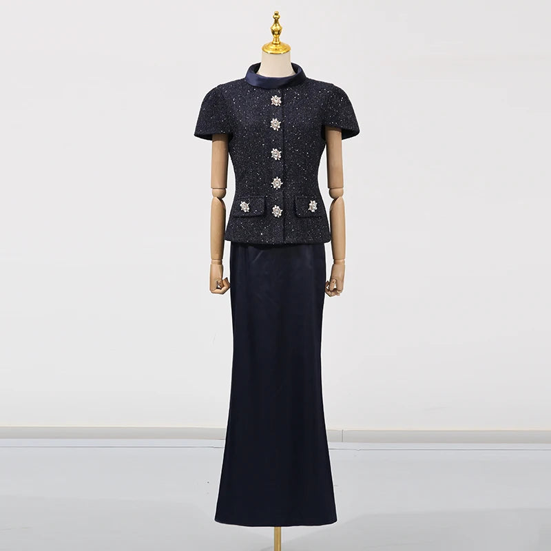 VGH Chic Two Piece Sets for Women Stand Collar Short Sleeves Spliced Pocket Tweed Top High Waist Maxi Skirts Vintage Suit Female