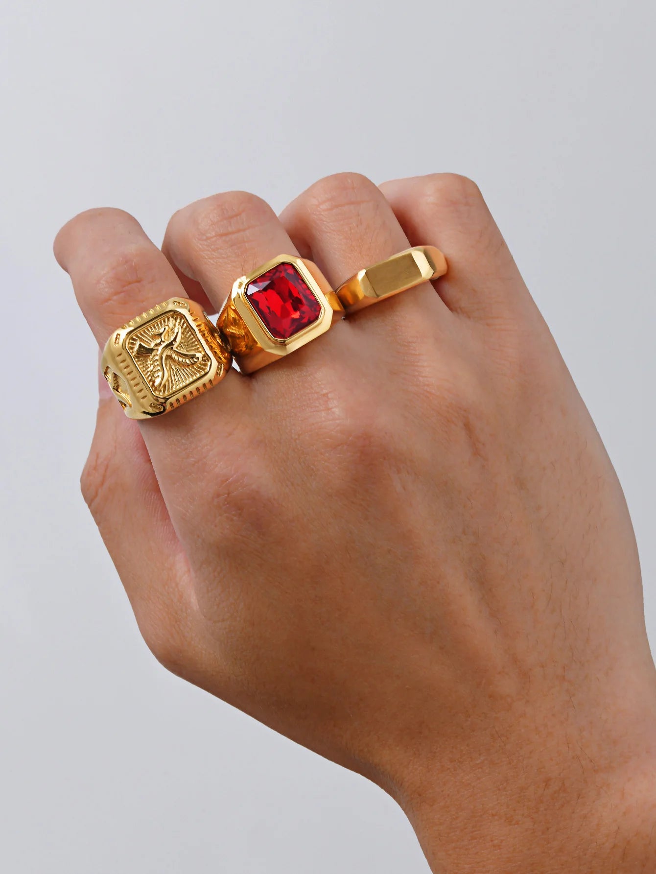 Vintage Punk Natural Red Stone Ring for Men, Gold Plated Stainless Steel Chunky Signet Ring, High Quality Fashion Jewelry Gift