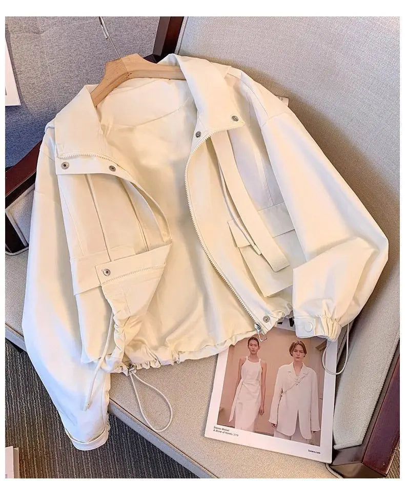 Short Hooded Jacket Women's Spring Autumn 2026 New Lady Loose Thin Work Jacket Top Solid Casual Student Zipper Outwear