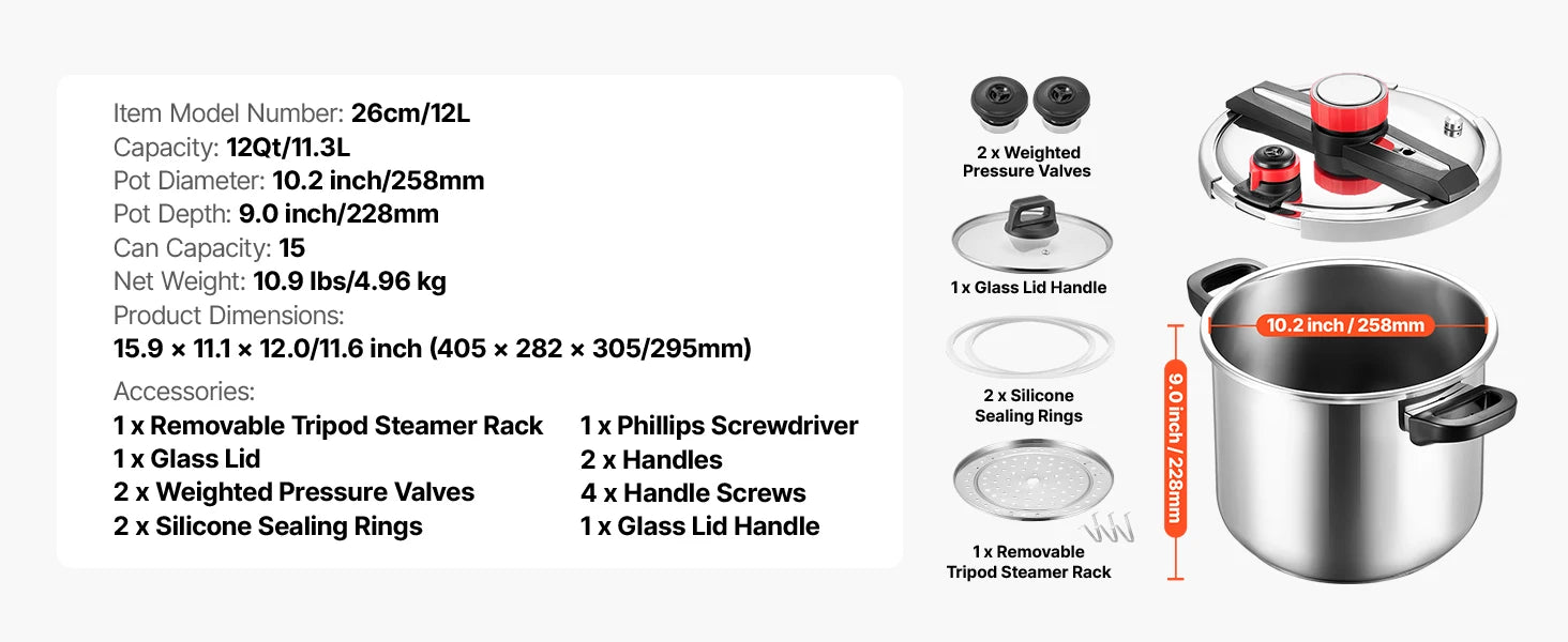 SucceBuy 6.3 8 10 12 Qt Pressure Cooker Stainless Steel Pressures Canner with Steaming Rack Tempered Glass Lid for Meat, Beans,