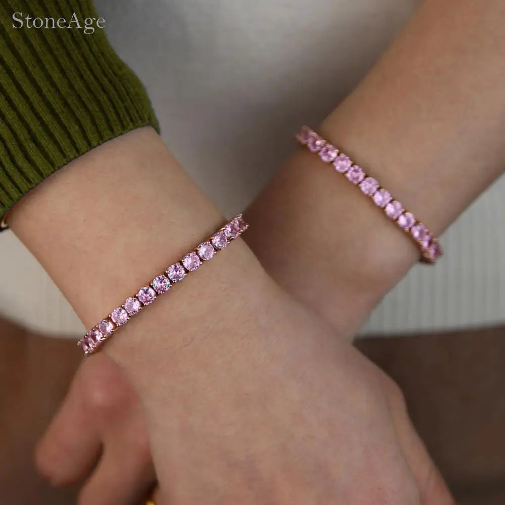 Pink Crystal Tennis Bracelets for Women Female Trend Romantic Shiny Zirconia Adjustable Folding Buckle Chain on Hand Jewelry