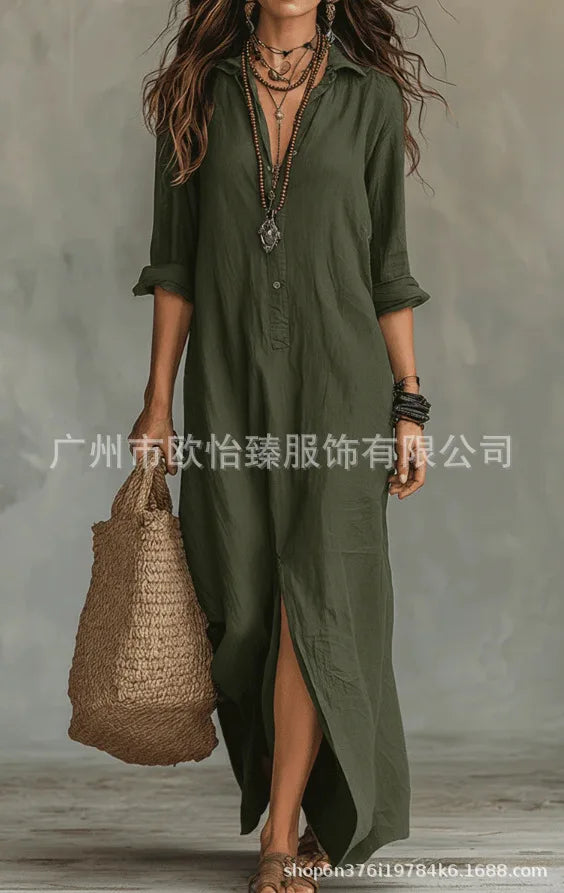 Casual Long Sleeve Loose Maxi Dress Women 2026 Summer Solid Color Turn-down Collar Beach Long Dresses Elegant Vestidos