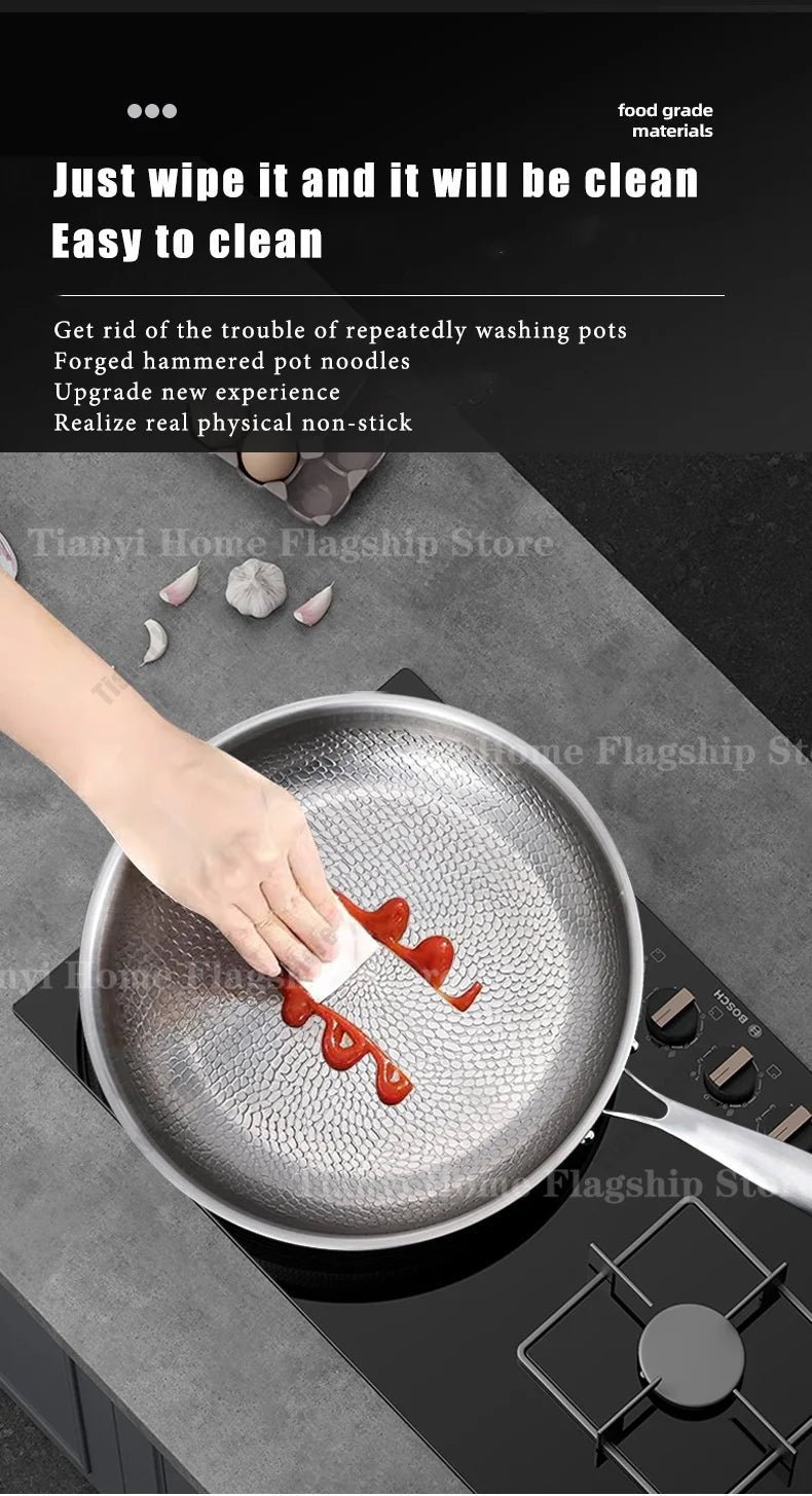 22/24/26/28/30cm Titanium Stainless Steel Frying Pan Non-stick Wok Home Egg Steak Skillet Induction Gas Stove Kitchen Cookware