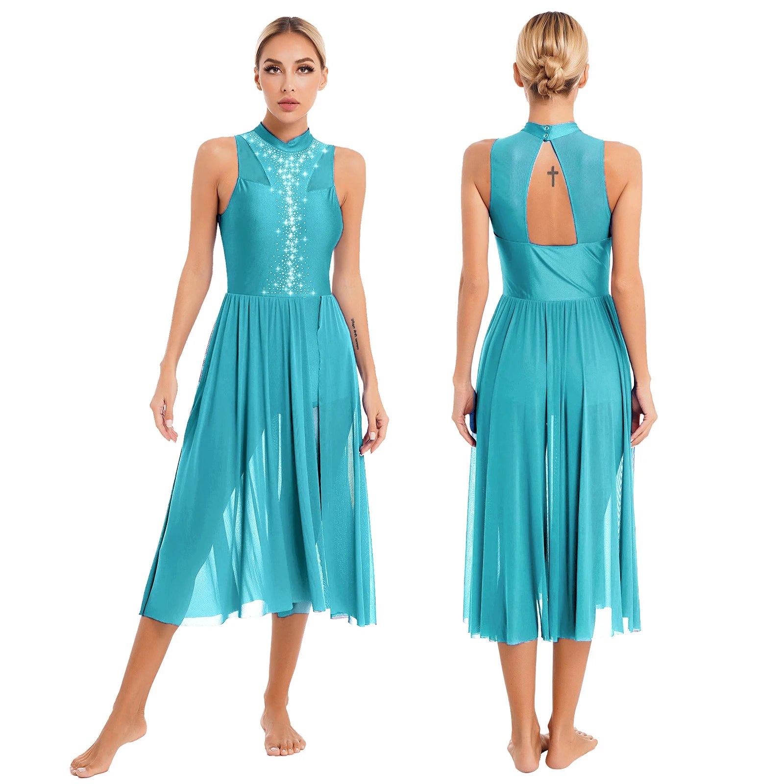 Womens Ballet Lyrical Dance Dress Cutout Back Full Length Overlay Leotard Costume Latin Rumba Tango Maxi Dress Long Dancewear