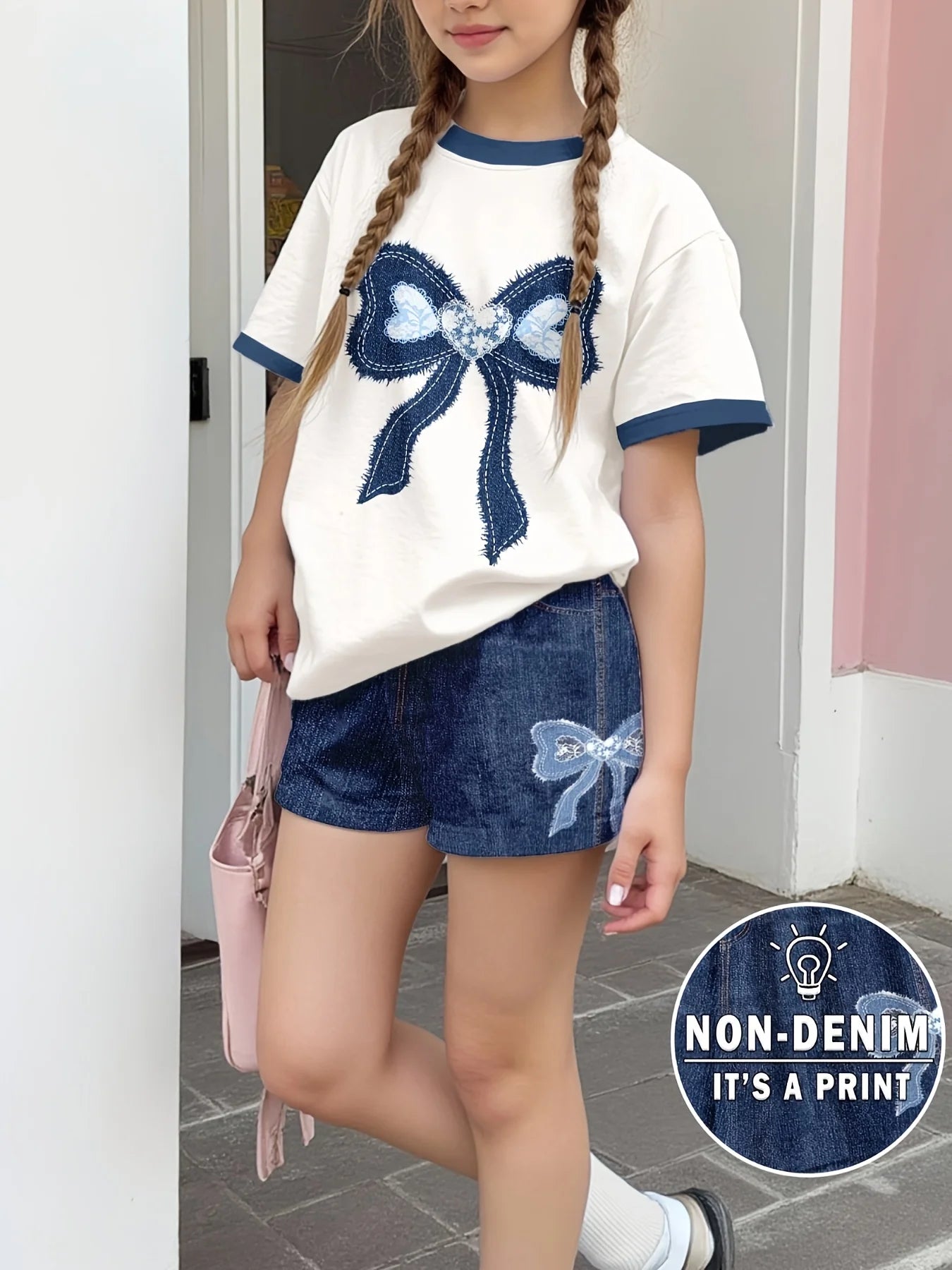Girls' Casual Short-Sleeved Outfit, Girls' Short-Sleeved T-Shirt with Bow Pattern Print Paired with High-Waisted Elastic Faux Denim Shorts Two-Piece Set, Suitable for Children Aged 8-12, for Summer, Home, School, Outings, and