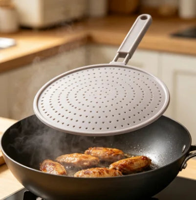 HTMCK Heat-Resistant Silicone Kitchen Splatter Screen Frying Pan Lid with Handle Oil Splash Guard Drain Board Cover