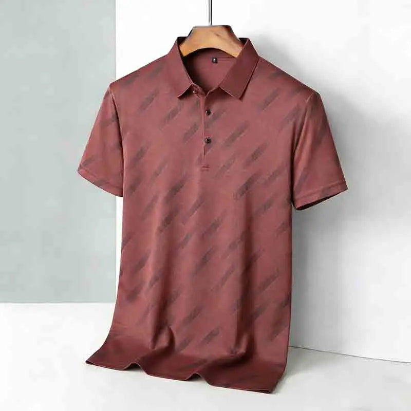 Men's Fashion Polo Shirt Short Sleeve Lapel Collar Diagonal Striped Print Casual Business Golf Tops