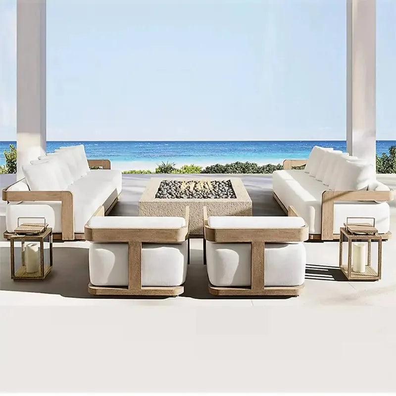 Modern Outdoor Furniture Set Waterproof  Foot Pedal with Teak Wooden Bench & Rattan Cast Sofa Garden Living Room Hotels Meuble