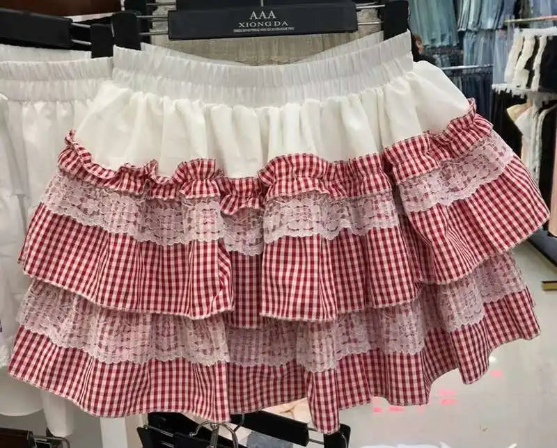 2025 Spring Summer Sweet Cute Lace Patchwork Plaid Cake Short Skirt With Shorts Womem Korean Japan Preppy Style Skirts