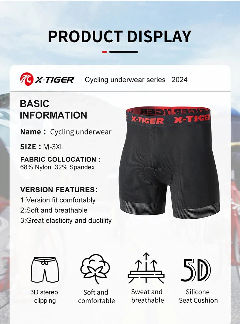 X-TIGER Cycling Underwear Men's Shorts 5D Padded Breathable Sports Riding Bike Bicycle MTB Liner Shorts with Anti-Slip Leg Grips