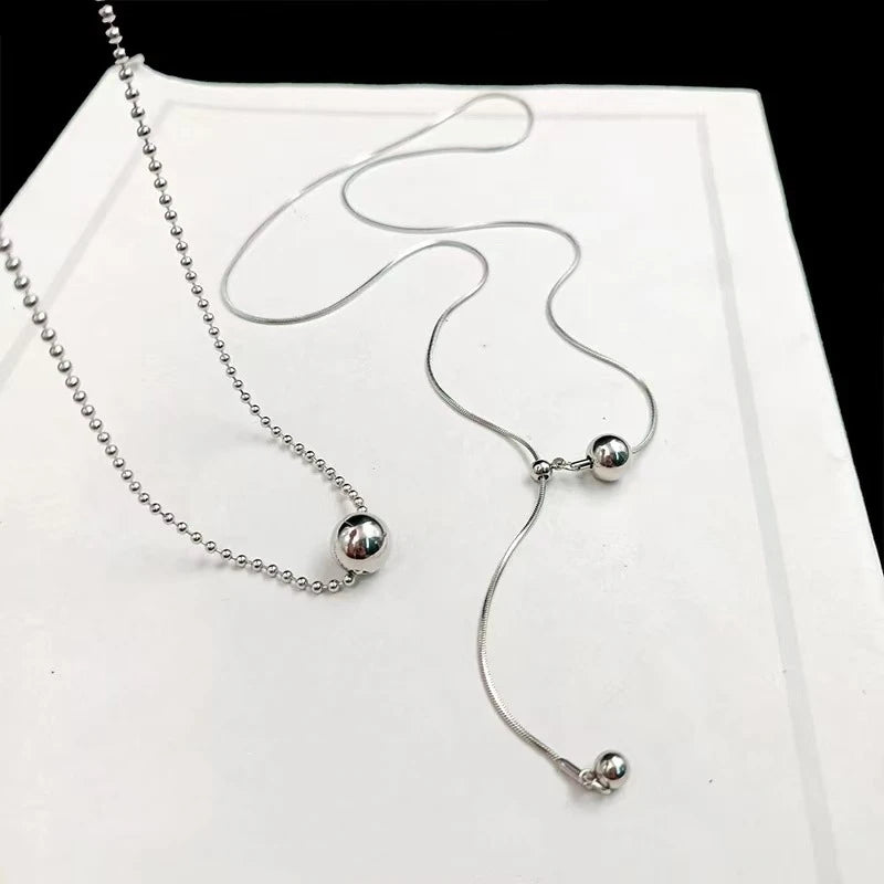 LATS Personality Stainless Steel Beaded Ball Pendant Necklace for Women Silver Color Double Layer Hip Hop Rock Chokers Jewelry