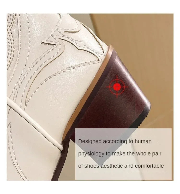 Vintage Square Head Thick Heel Cowboy Boot for Women Embroidered Western Cowboy Boots Side Zipper Shoes Autumn Pointed Boots