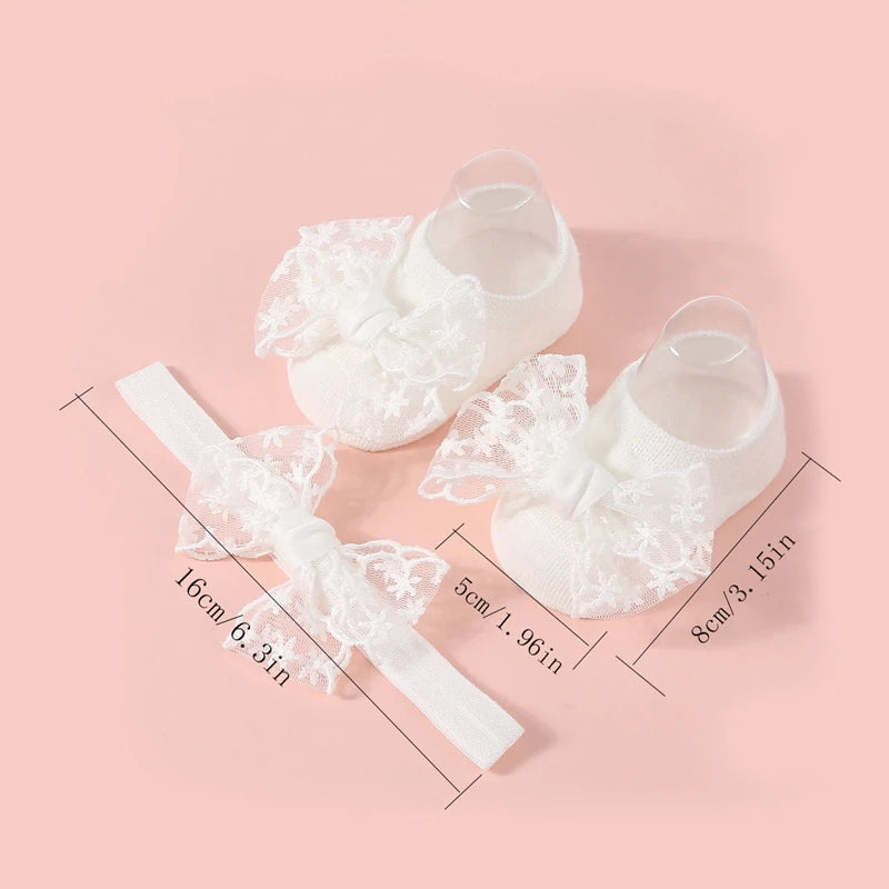 Baby Girls Socks Headband Sets Spring Autumn Knit Lace Bow Princess Socks for Party, Wedding, Baby Shower
