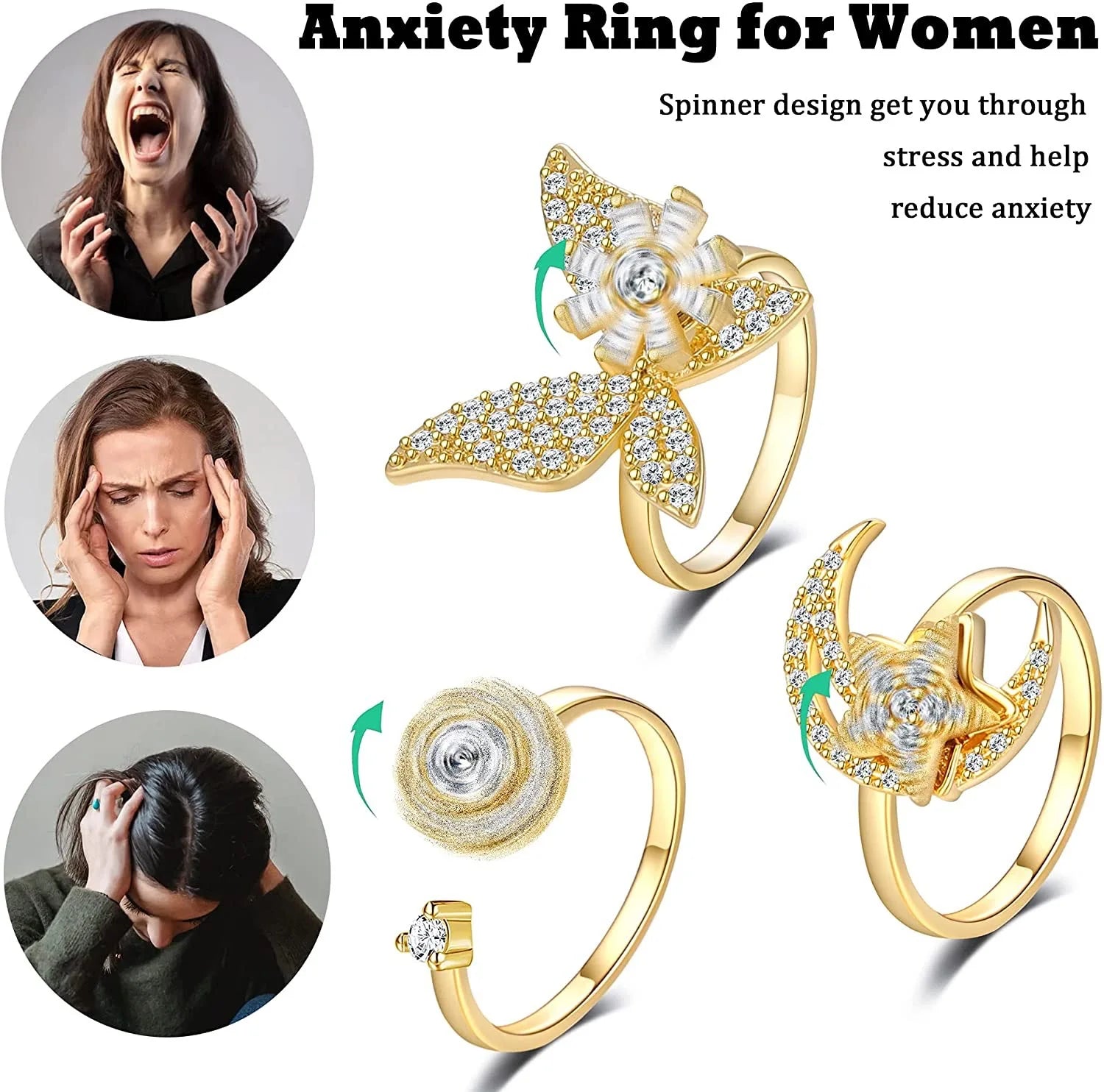 Ethnic Fashion Daisy Flower Anxiety Ring Adjustable Women Girls Worry Stress Relief Jewelry Spinning Fidget Rings Party Gifts