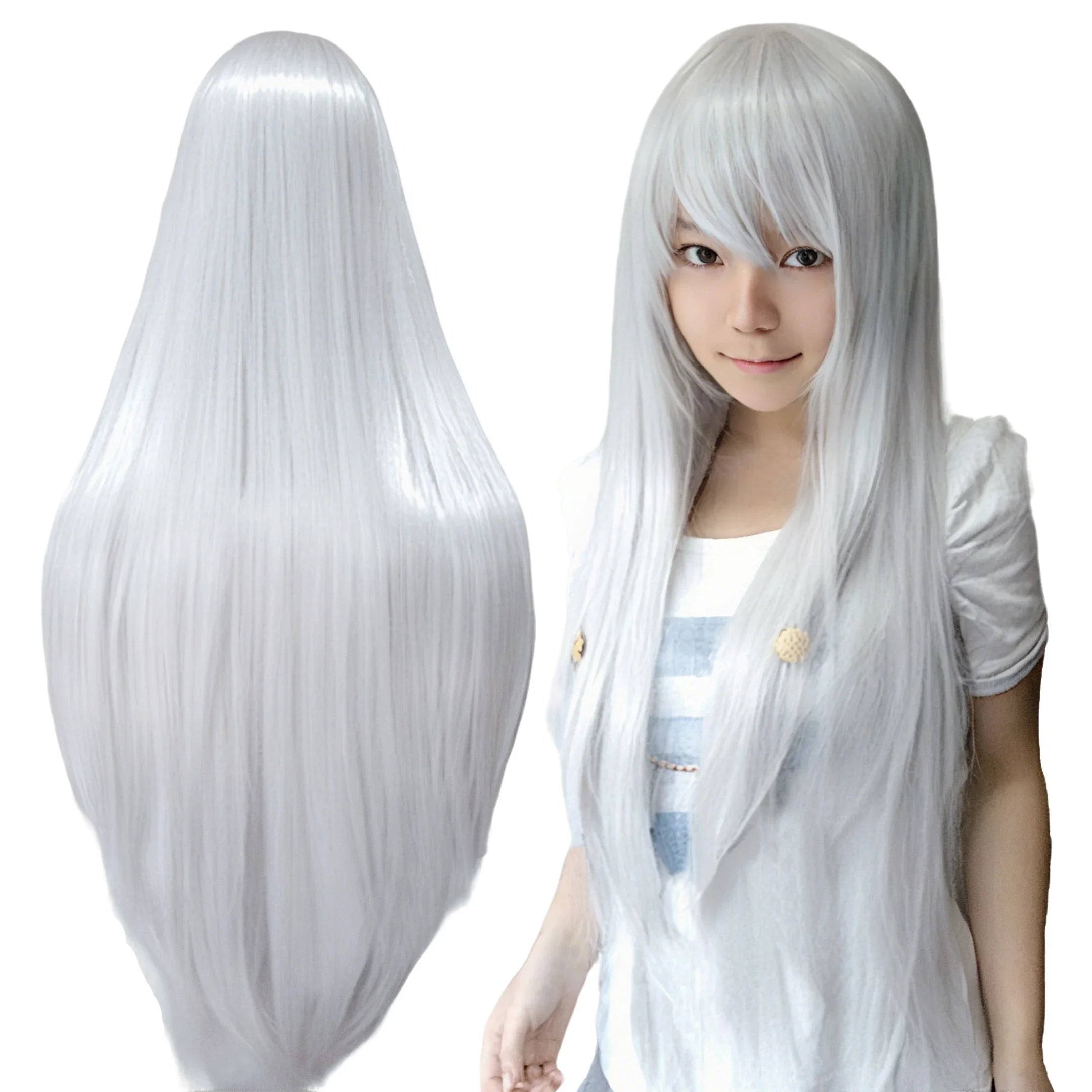 Synthetic Sliver White Long Wig for Anime Cosplay Halloween Costume Party Straight Whitish Wig with Bangs