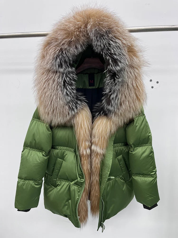 Winter Real Fox Fur Collar Hooded Thick Goose Down Jacket Natural Coat Women Female Outwear Luxury Warm Russia Puffer Jackets