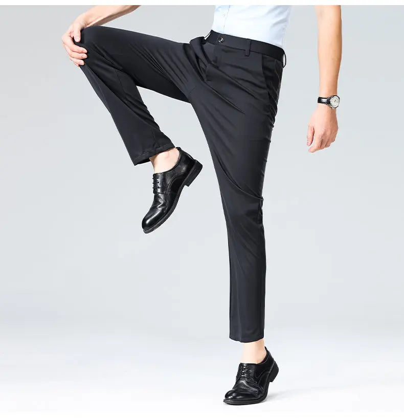 High-stretch fabric men's business trousers suitable for all seasons, featuring an elastic waistband and classic office/work for