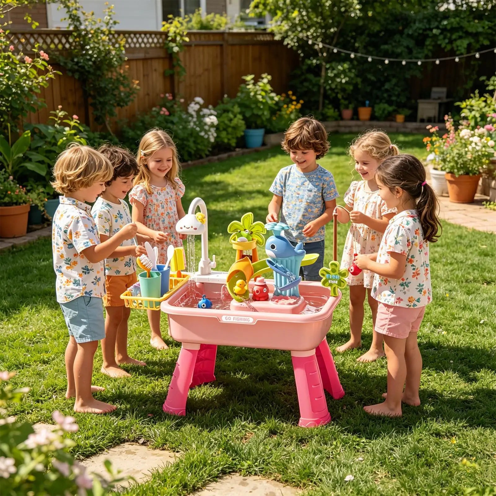 Kitchen Water table Sets with Pump,Tableware & Fishing Game for Kids,Children's Play Sink with Running Water & Electric Faucet