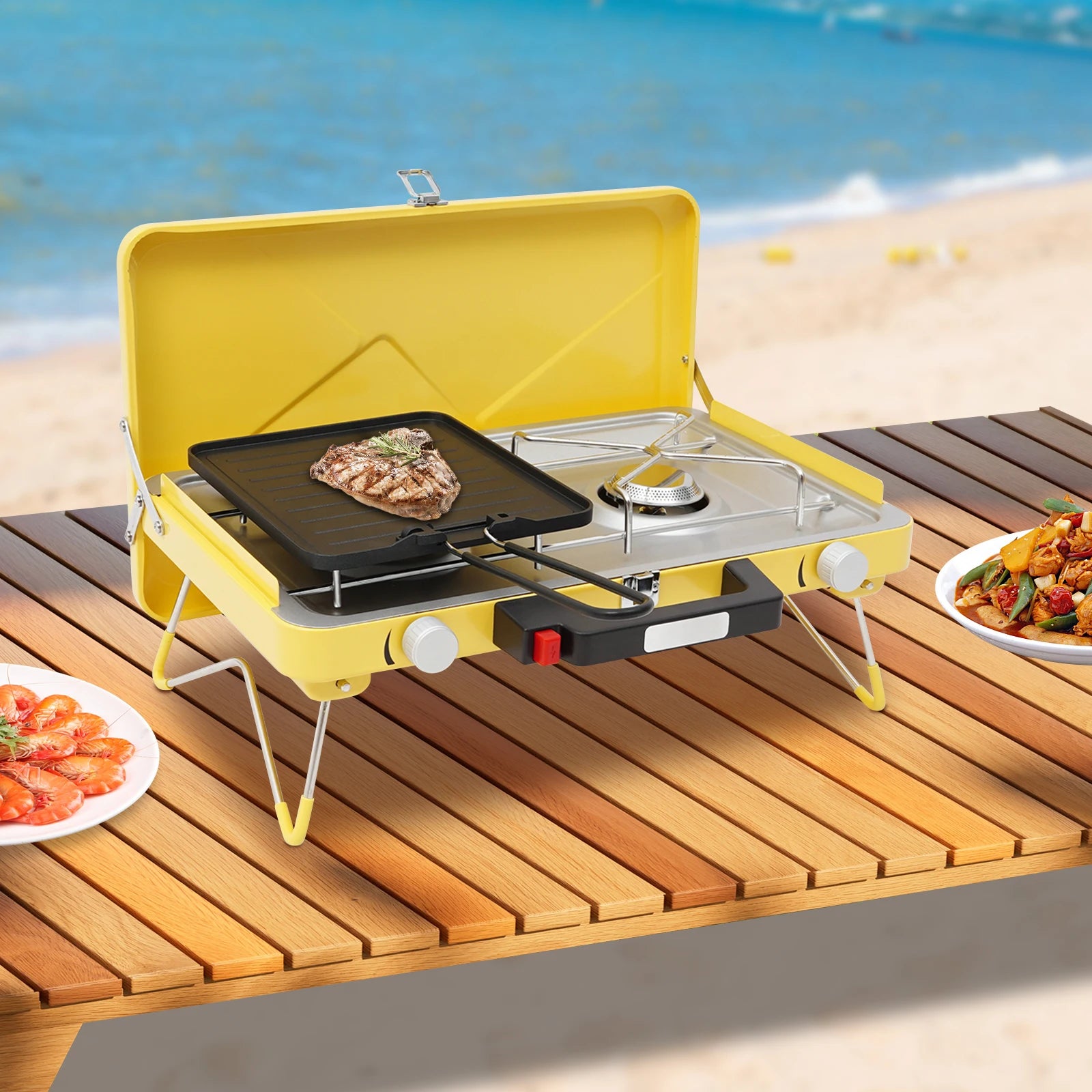 Portable Outdoor Gas Stove,Camping Stove 2 Burners 3500W with Windshield for Picnic,Camping,Family Dinner Yellow