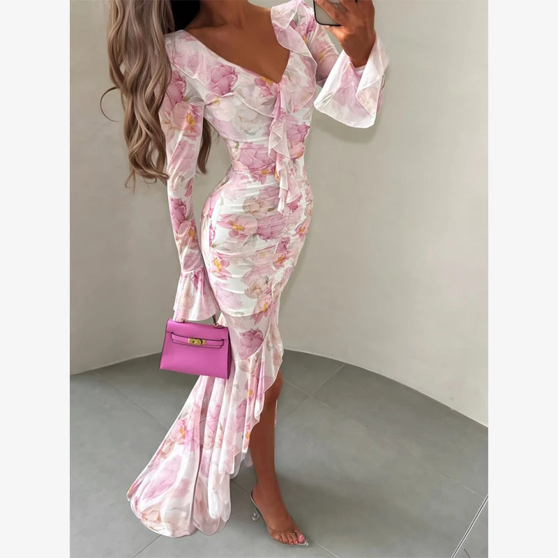 Fashion Organza Floral Printed Maxi Dress V-Neck Puff Sleeve 2026 Spring/Summer Romantic Women Party Gown Elegant Lady Vestido