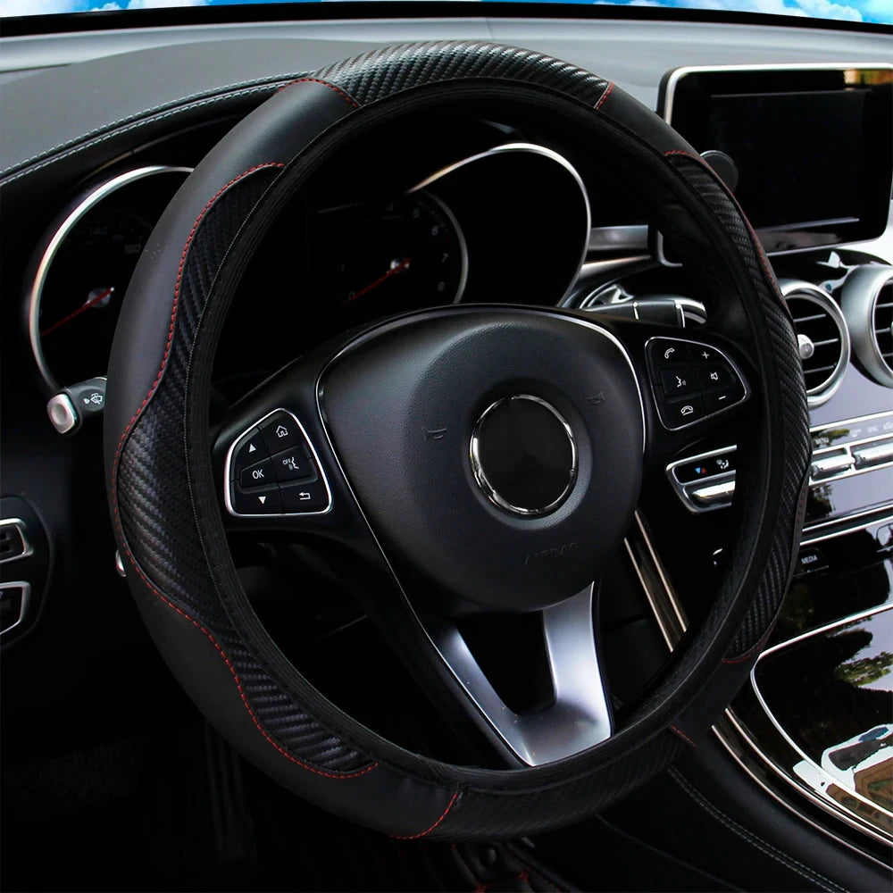 Carbon fiber PU leather car steering wheel cover without inner ring suitable for 14.5-15 inch car wheel covers