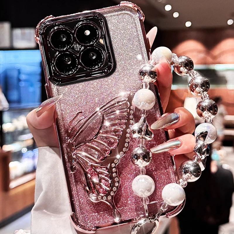 Shockproof Plating Glitter Butterfly Bracket Bracelet Case for Xiaomi 17 Pro Max Xiaomi17 13T 14T 15T Pro 15 Ultra Stand Cover