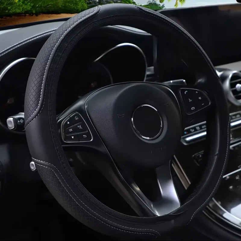 Artificial Leather Three-dimensional Embossed-car without Inner Ring Steering Wheel Cover Auto Parts for 14.5-15 Inches