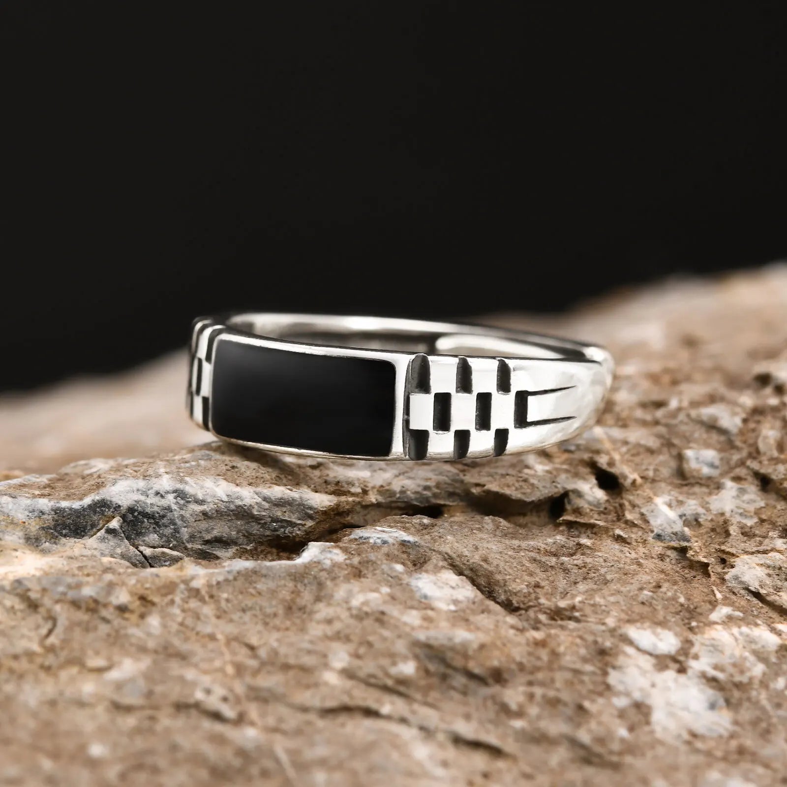 Vnox Mens Open Rings, Black Enamel Signet Ring, Watch Band Grooved Finger Band, Adjustable Jewelry