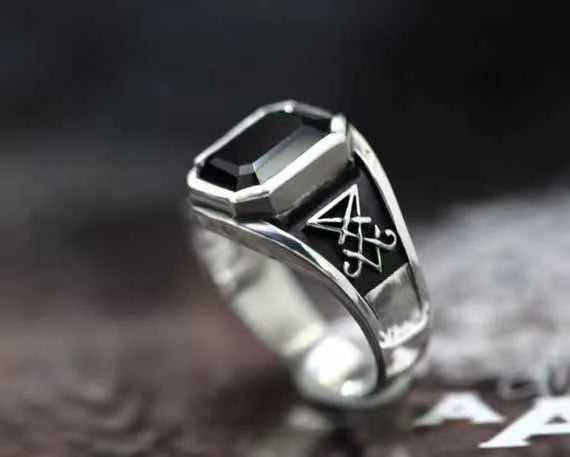 Vintage Gothic Lucifer Seal of Satan Signet Rings Punk Stainless Steel Seal Rings With Black Stone Pagan Jewelry Party Man Gift