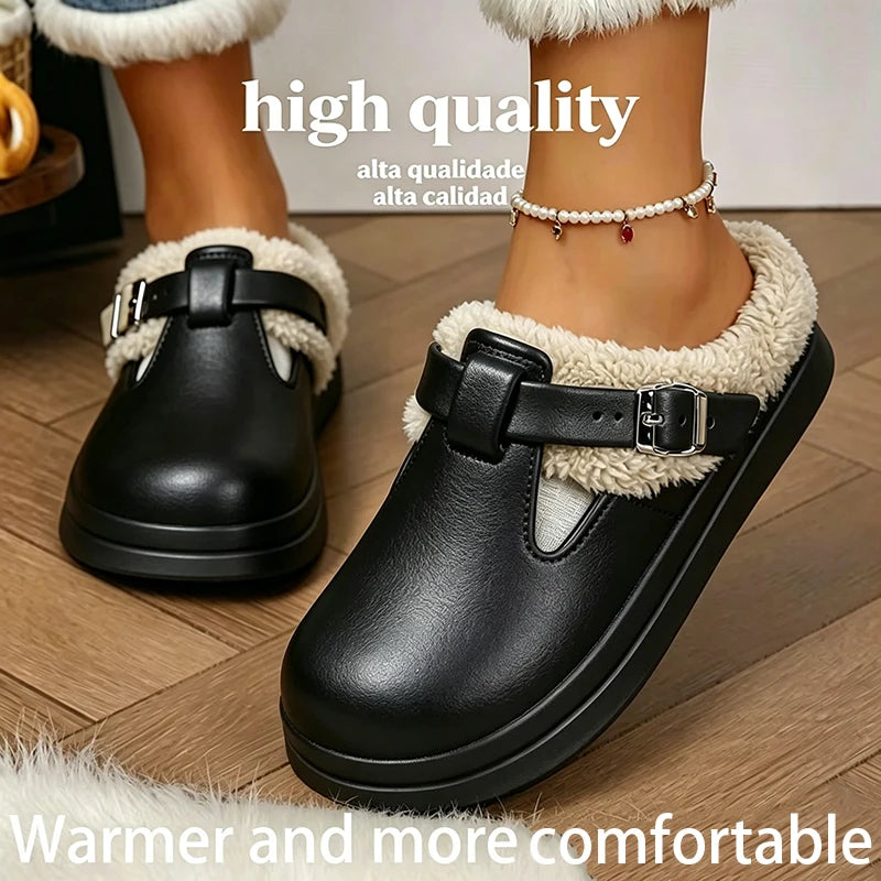 Waterproof Eva Furry Mules Slippers Women 2025 Winter Metal Buckle Warm Plush Slippers Soft Thick Bottom Non Slip Indoor Slides