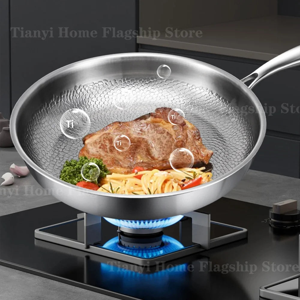 22/24/26/28/30cm Titanium Stainless Steel Frying Pan Non-stick Wok Home Egg Steak Skillet Induction Gas Stove Kitchen Cookware
