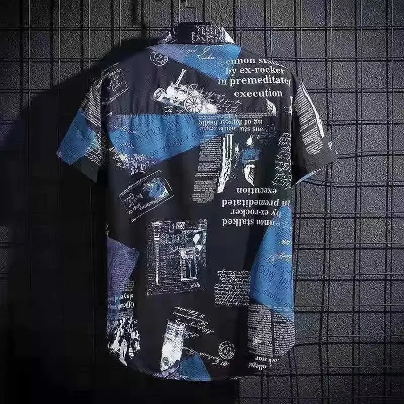 Short sleeved shirt men's thin graffiti print Hong Kong fashion clothing beach floral loose half sleeved shirt