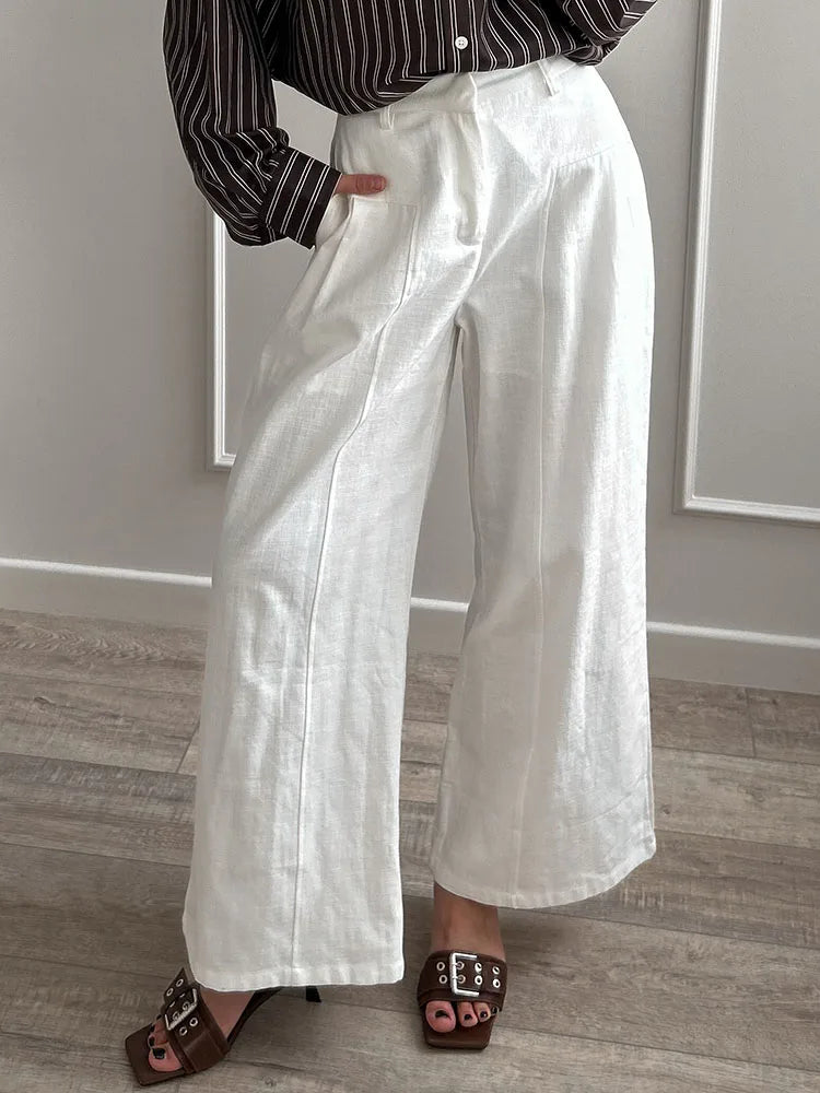 Summer White Pants For Women Cotton Formal High Waist Wide Leg Trousers Ladies Elegant Summer Women's Pants Straight Leg Office