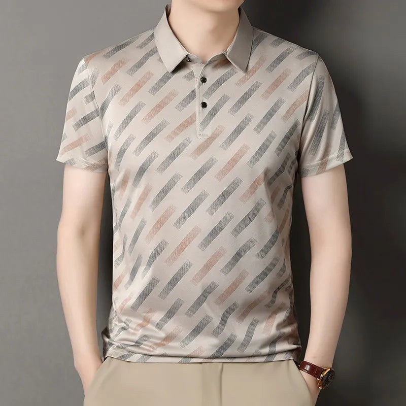 Men's Fashion Polo Shirt Short Sleeve Lapel Collar Diagonal Striped Print Casual Business Golf Tops