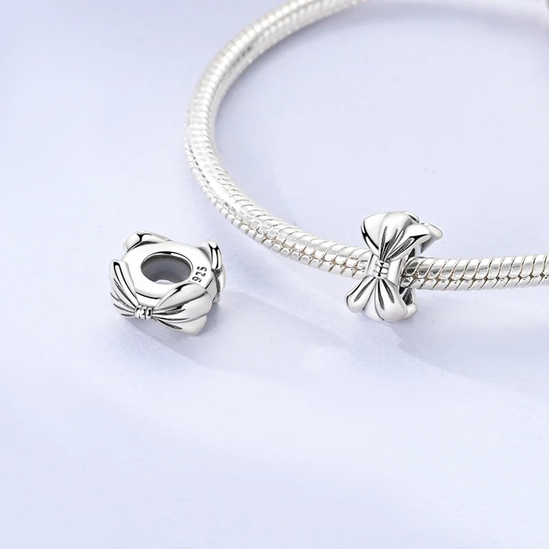 Silver Bow Charms 925 Sterling Silver Pink Heart-shaped Bow Pendants Charms Beads Fit Original S925 Bangle Bracelets DIY Jewelry