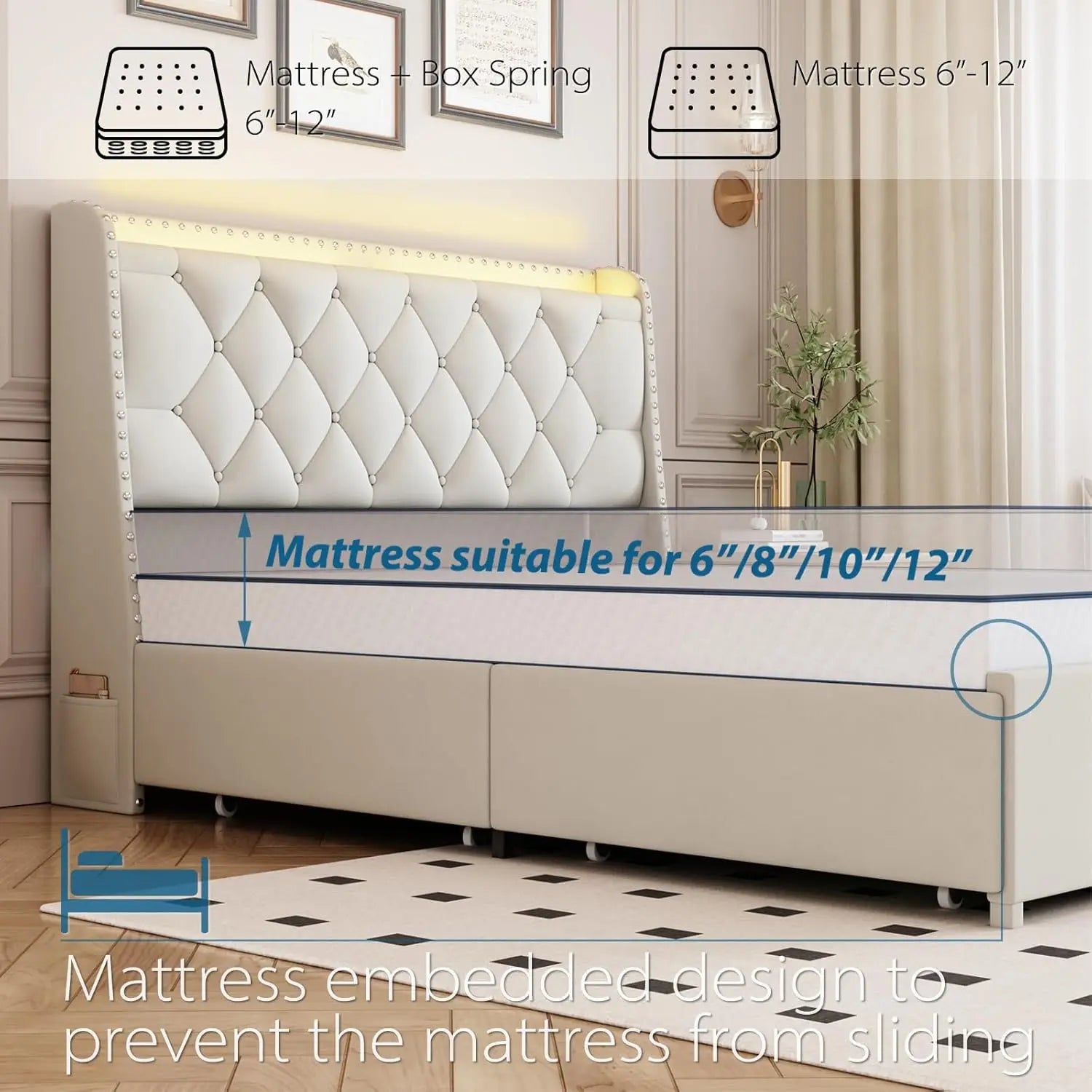 Queen Size Bed Frame with 4 Drawers & Storage Headboard, Upholstered Platform Bed with LED Lights & Charging Station, Beige