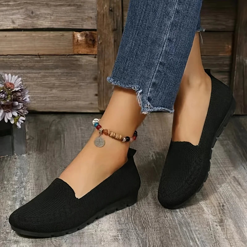 Women's Solid Color Knit Loafers Lightweight Anti Slip Flat Shoes for Casual Wear