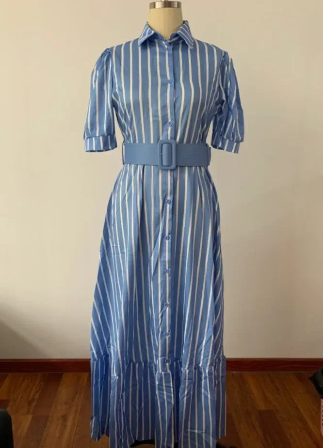 High Waist Temperament Solid Color Mid Length Skirt robe Slim Fit Bubble Sleeve Dress With Belt Robe 2024 Spring Womem Clothing
