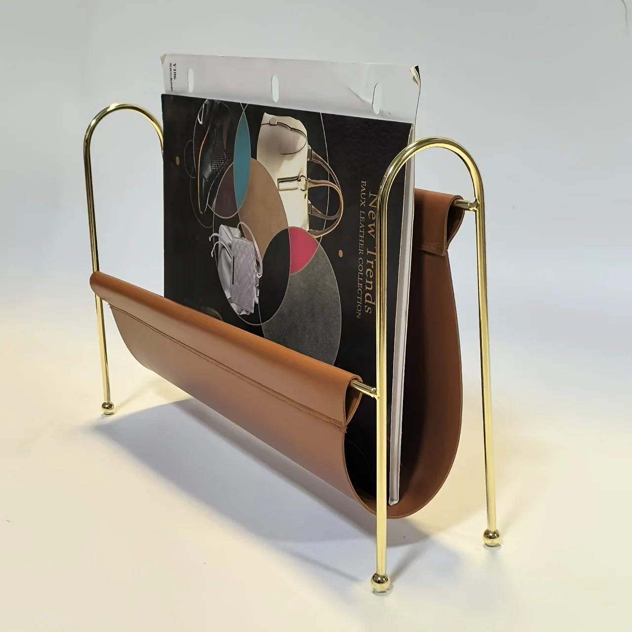 Nordic Metal Magazine Rack - Faux Leather Desk Organizer with Gold Frame, Compact Storage for Home Office/Bookshelf Decor