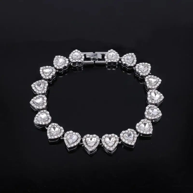 45CM New Hip Hop Tennis Chain Bracelet Necklace Shiny Heart Rhinestone CZ Fashion Rock Party Jewelry