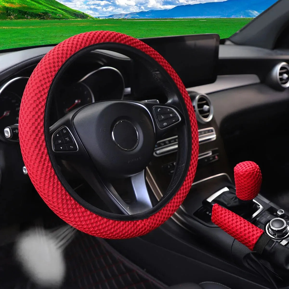 3 Car Massage Mesh Cloth Steering Wheel Cover Handbrake & Handle Cover Set Breathable No Inner Ring for 14.5-15 Inch Accessories