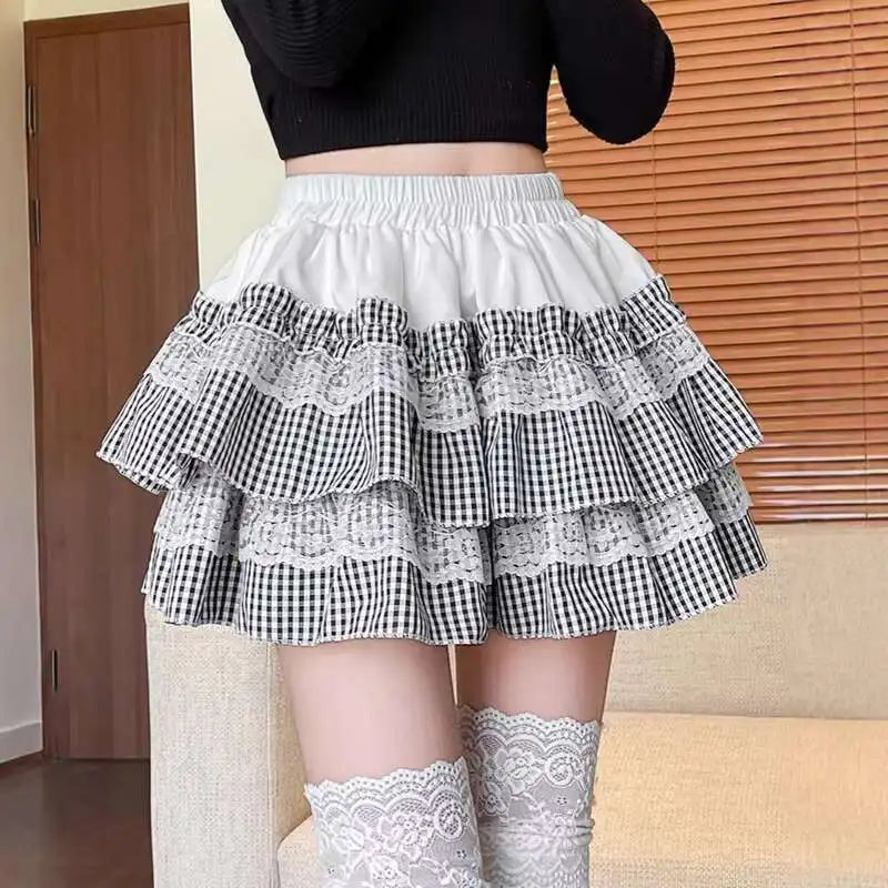 2025 Spring Summer Sweet Cute Lace Patchwork Plaid Cake Short Skirt With Shorts Womem Korean Japan Preppy Style Skirts