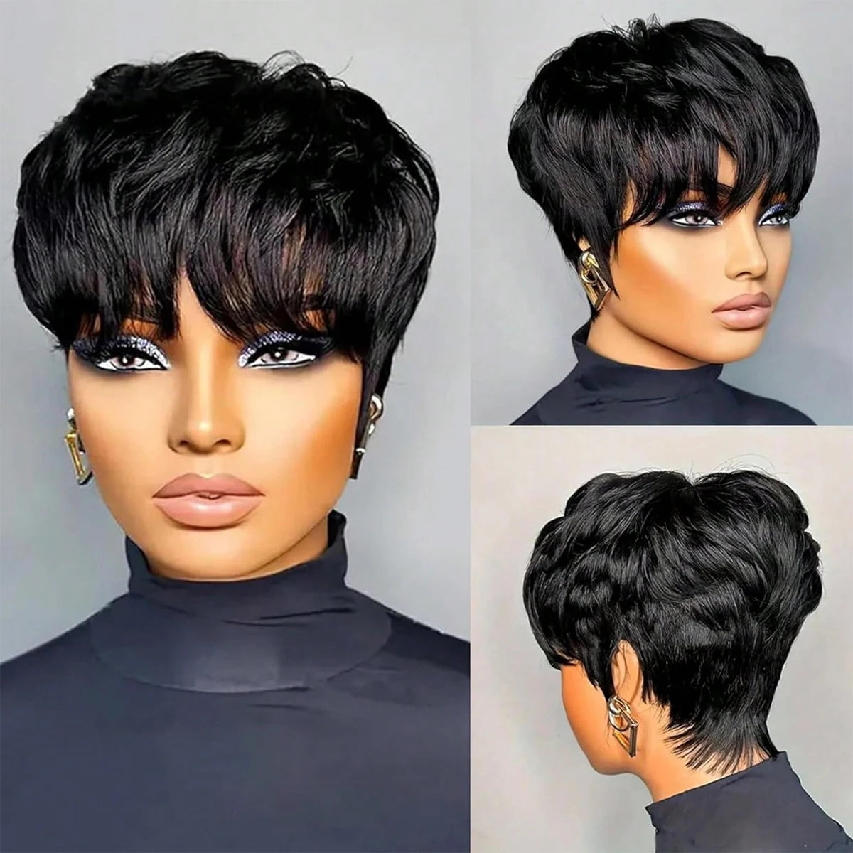 Short Bob Wig ForWomen Pixie Cut Wigs Glueless Wig None Lace Front Wig With Bangs Natural Black Straight Synthetic Wig
