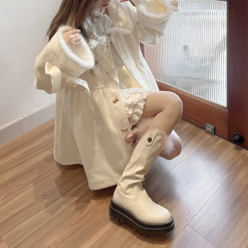 Japan Style Sweet Bow Lolita Woolen Coats Womem Winter Clothes 2024 Thickend Warm Outerwear Jacket Female Fashion Christmas Coat