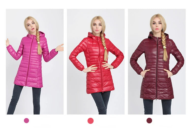 Women Long Warm Light Down Jacket Ladies Fashion Hooded with Portable Storage Bag Puffer Coats Women's Overcoats Hip-Length Coat