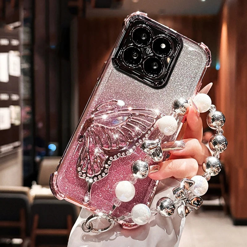 Shockproof Plating Glitter Butterfly Bracket Bracelet Case for Xiaomi 17 Pro Max Xiaomi17 13T 14T 15T Pro 15 Ultra Stand Cover