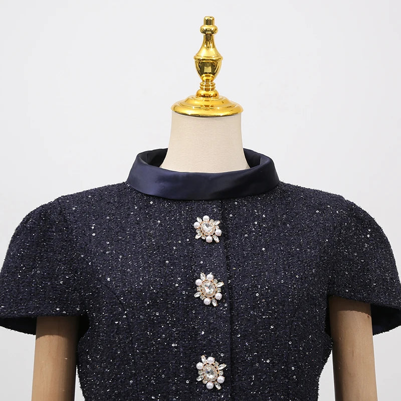 VGH Chic Two Piece Sets for Women Stand Collar Short Sleeves Spliced Pocket Tweed Top High Waist Maxi Skirts Vintage Suit Female