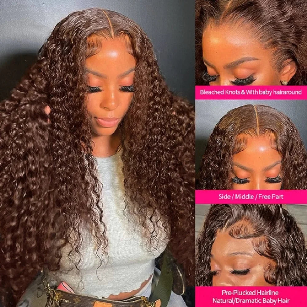 Chocolate Brown Curly Lace Front Human Hair Wigs 13X6 Lace Frontal Wig Brazilian Deep Wave Colored Bleached Wigs For Women